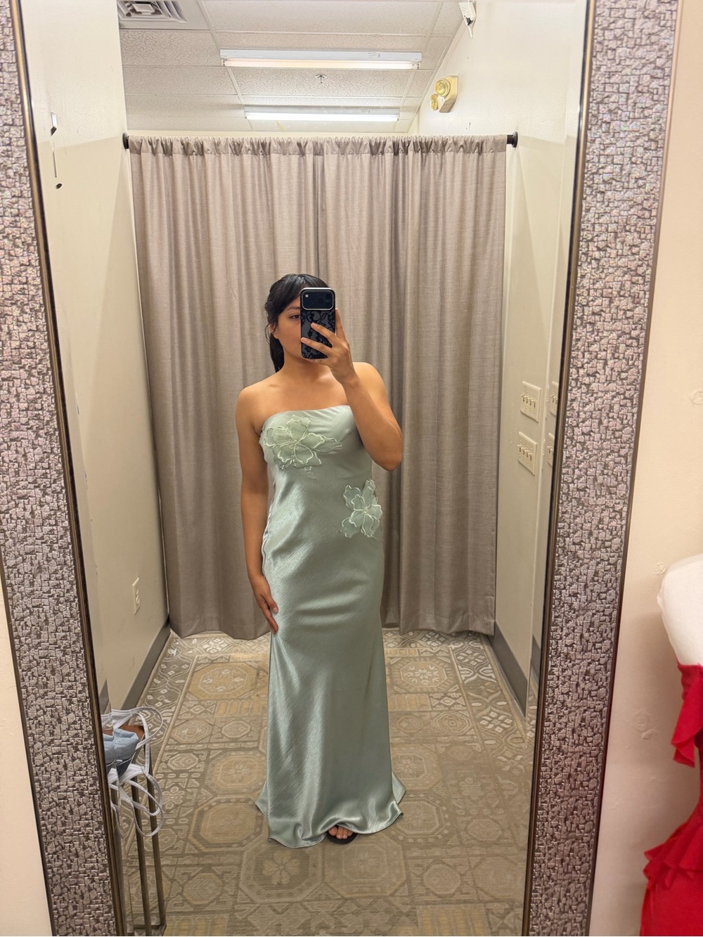 Strapless Floral-Embroidered Satin Gown in Sage Green